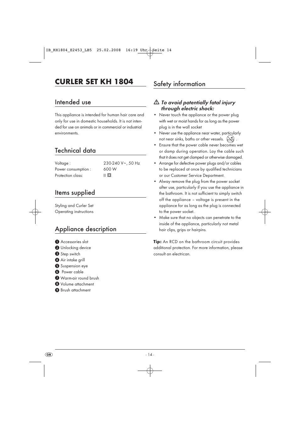 Curler set kh 1804, Intended use, Technical data | Items supplied, Appliance description, Safety information | Kompernass KH 1804 User Manual | Page 16 / 26