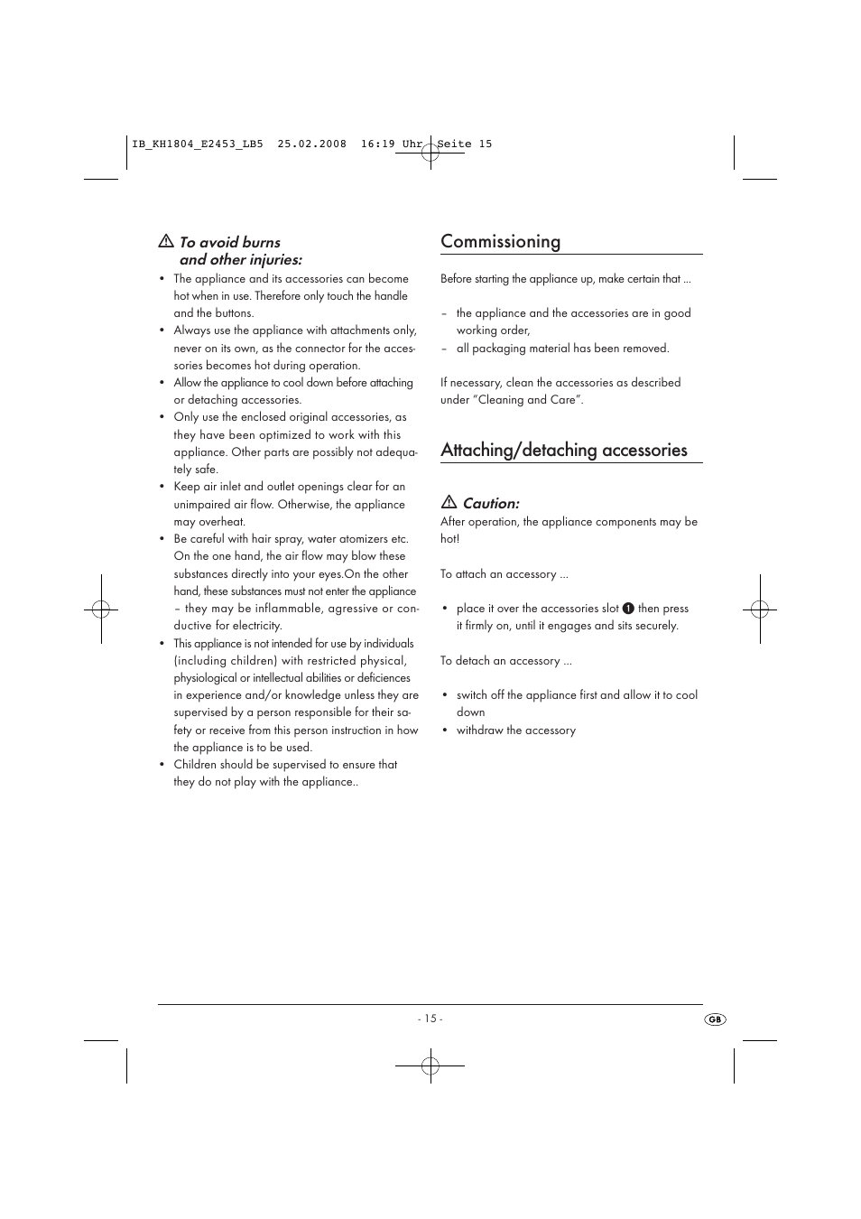 Commissioning, Attaching/detaching accessories | Kompernass KH 1804 User Manual | Page 17 / 26