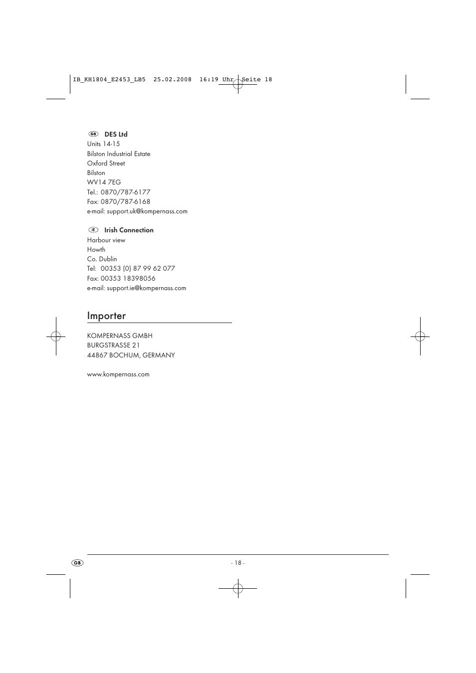 Importer | Kompernass KH 1804 User Manual | Page 20 / 26