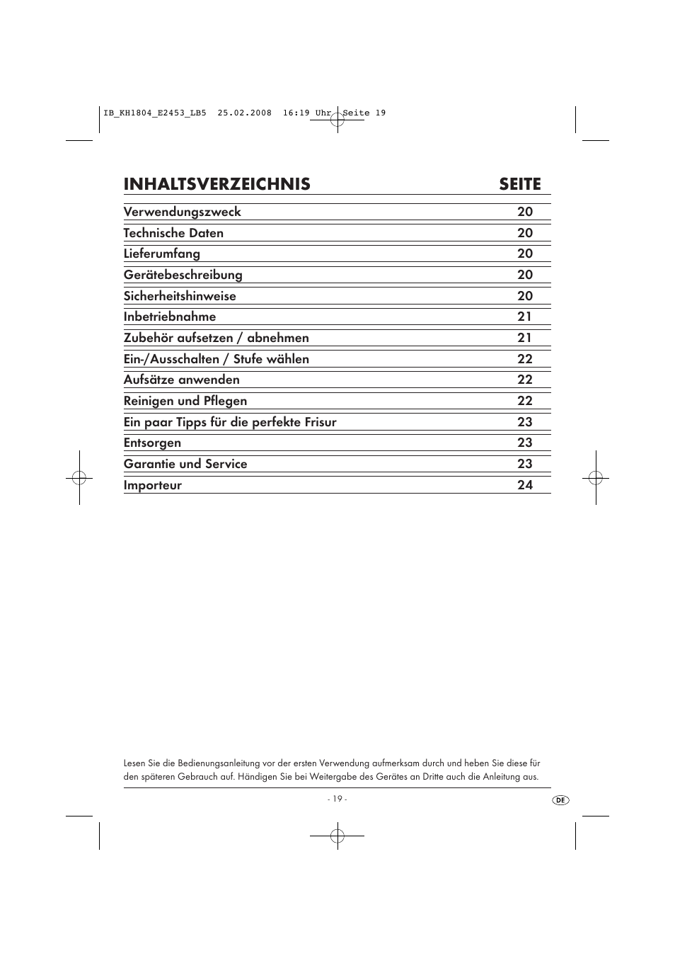 Inhaltsverzeichnis seite | Kompernass KH 1804 User Manual | Page 21 / 26