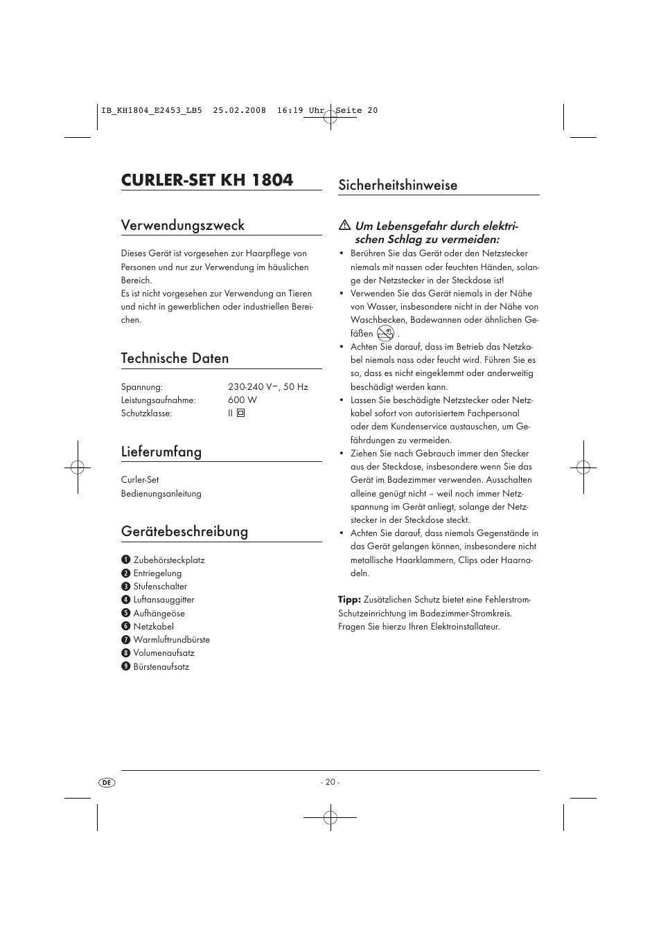 Curler-set kh 1804, Verwendungszweck, Technische daten | Lieferumfang, Gerätebeschreibung, Sicherheitshinweise | Kompernass KH 1804 User Manual | Page 22 / 26