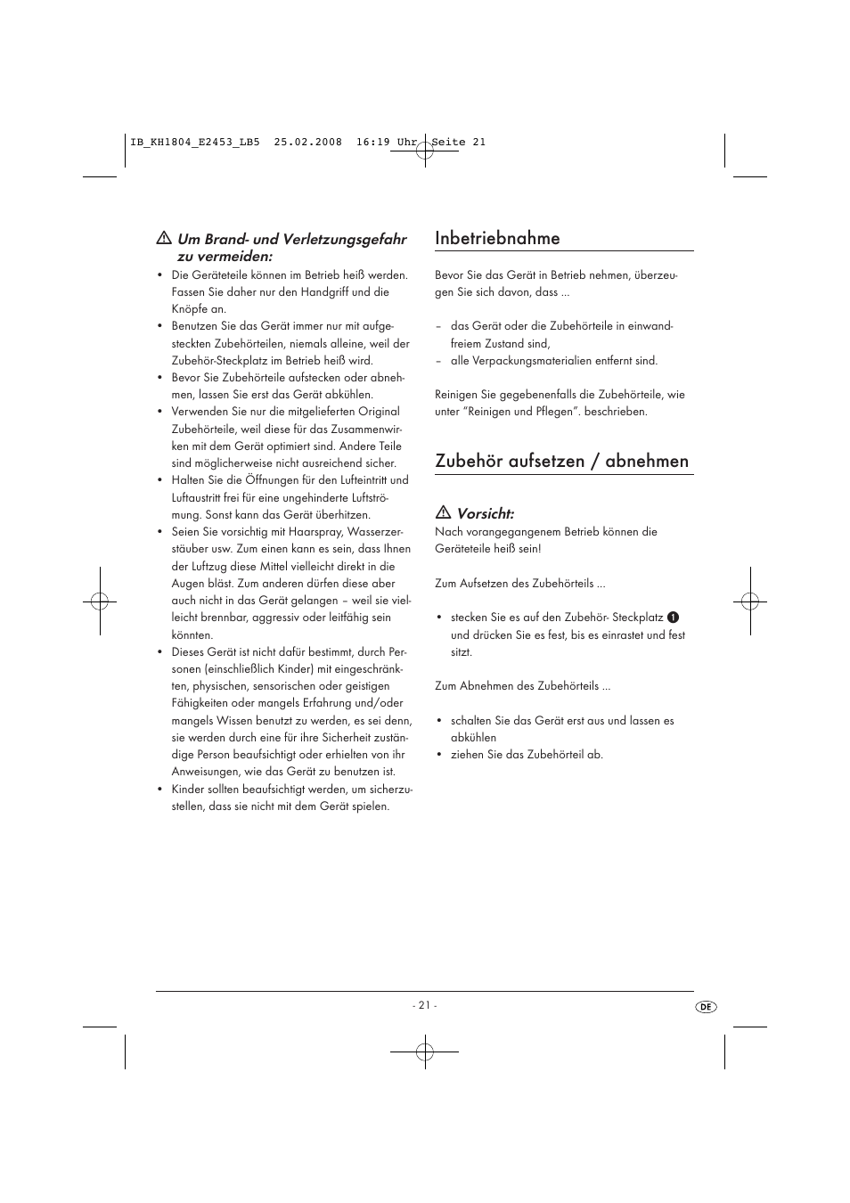 Inbetriebnahme, Zubehör aufsetzen / abnehmen | Kompernass KH 1804 User Manual | Page 23 / 26