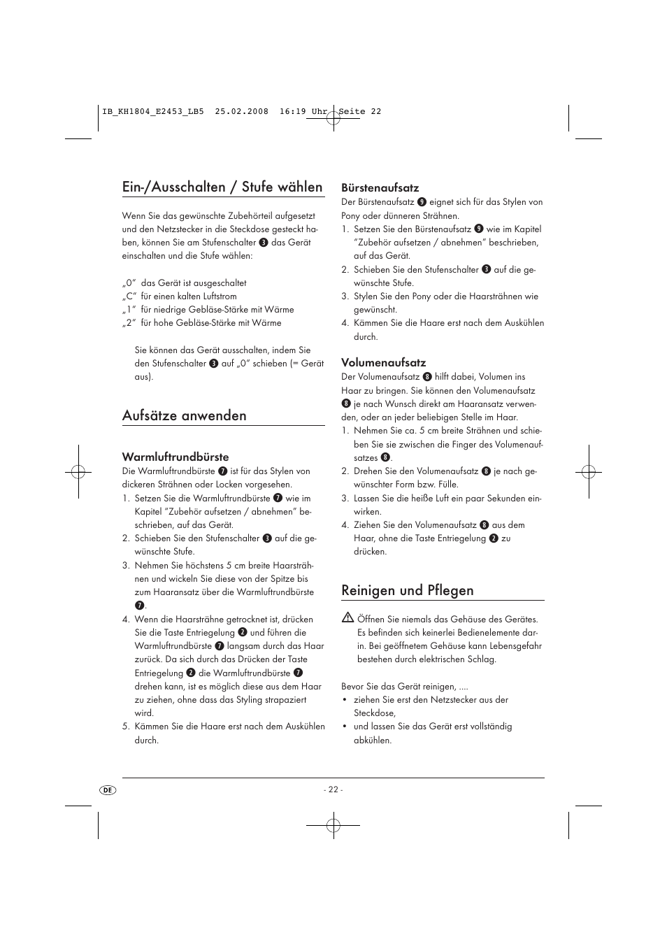 Ein-/ausschalten / stufe wählen, Aufsätze anwenden, Reinigen und pflegen | Kompernass KH 1804 User Manual | Page 24 / 26