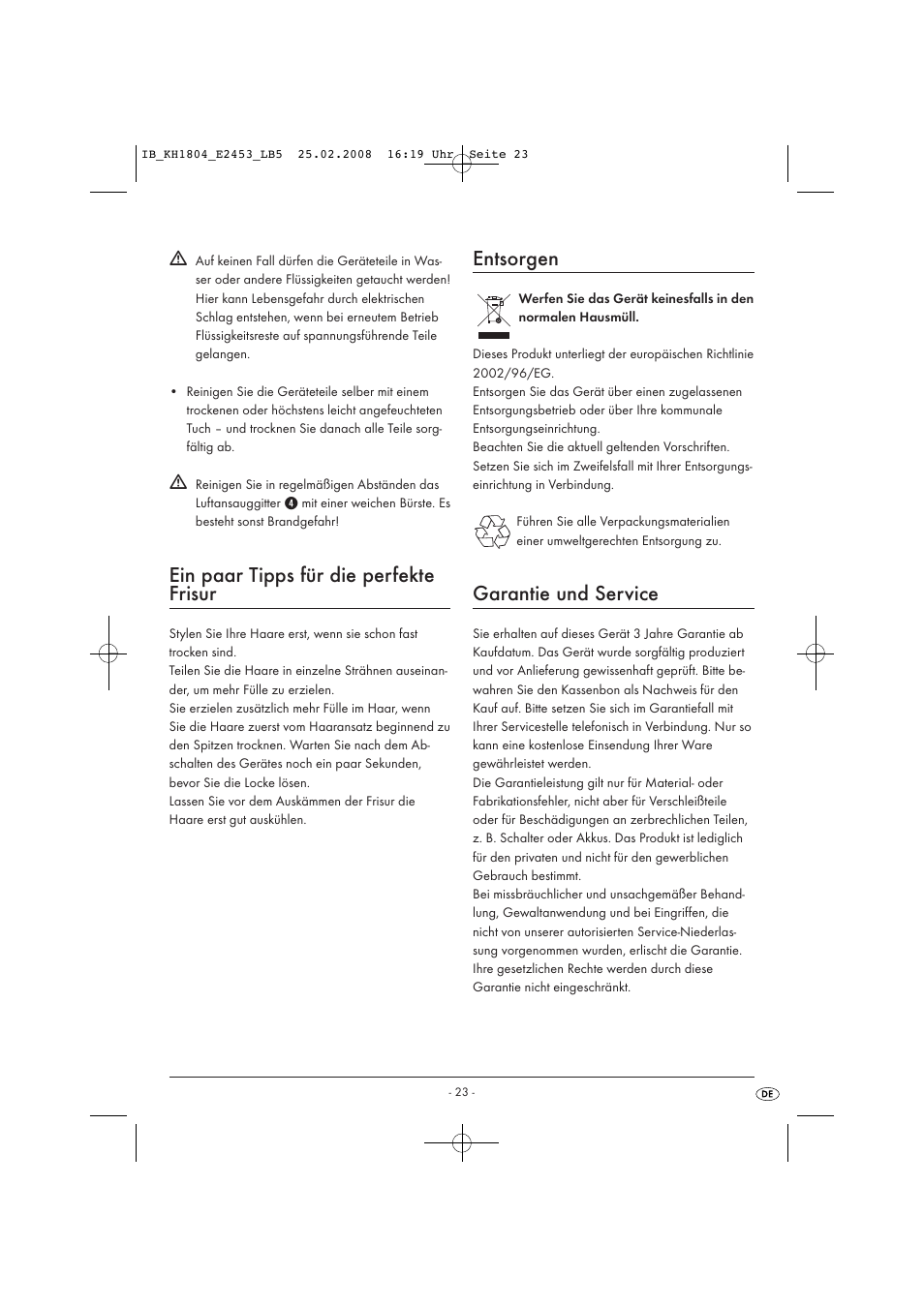 Ein paar tipps für die perfekte frisur, Entsorgen, Garantie und service | Kompernass KH 1804 User Manual | Page 25 / 26