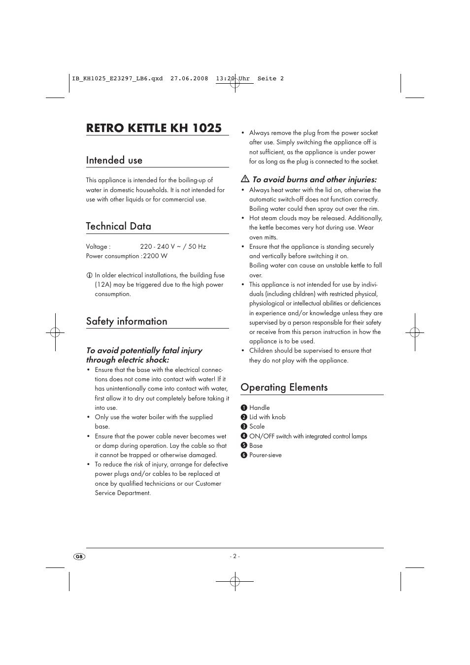 Retro kettle kh 1025, Intended use, Technical data | Safety information, Operating elements | Kompernass RETRO KETTLE KH1025-05/08-V2 User Manual | Page 4 / 7