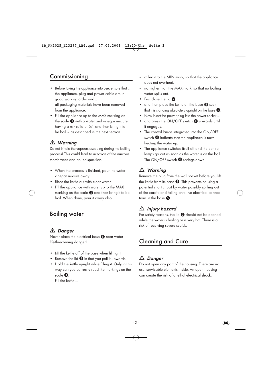 Commissioning, Boiling water, Cleaning and care | Kompernass RETRO KETTLE KH1025-05/08-V2 User Manual | Page 5 / 7