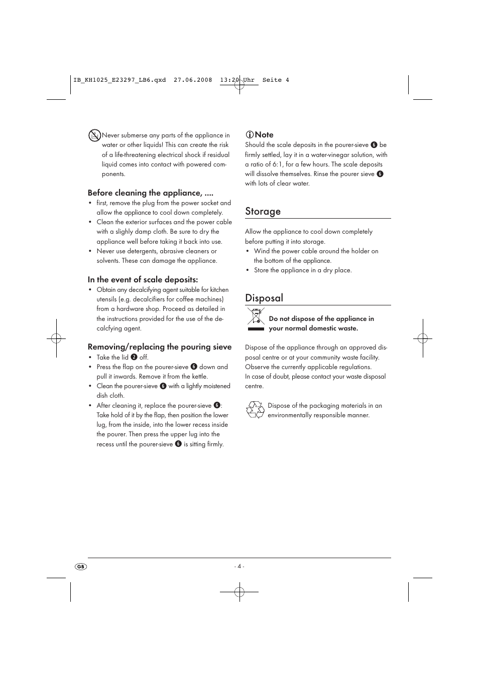 Storage, Disposal | Kompernass RETRO KETTLE KH1025-05/08-V2 User Manual | Page 6 / 7