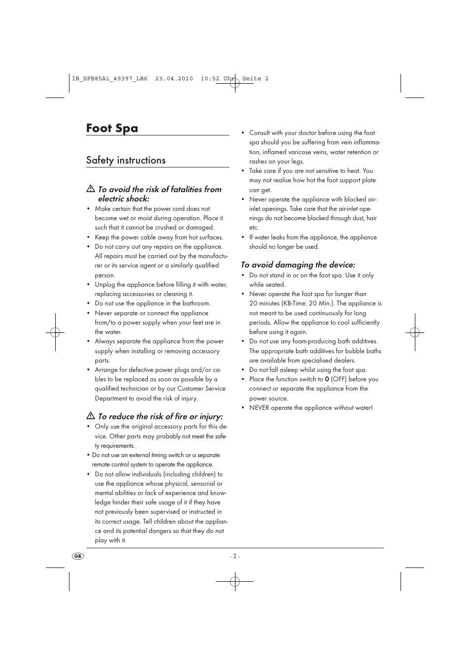 Foot spa, Safety instructions | Kompernass SFB 85 A1 User Manual | Page 4 / 8