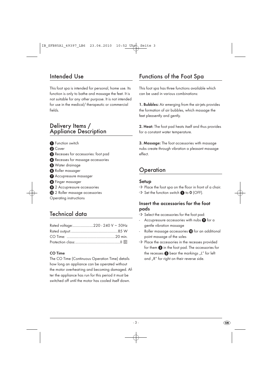 Intended use, Delivery items / appliance description, Technical data | Functions of the foot spa, Operation | Kompernass SFB 85 A1 User Manual | Page 5 / 8