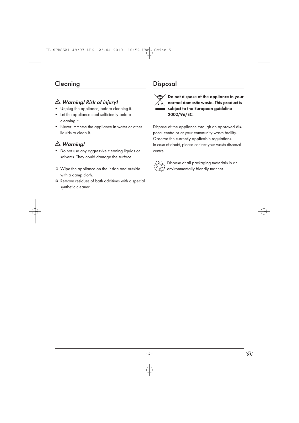 Cleaning, Disposal | Kompernass SFB 85 A1 User Manual | Page 7 / 8