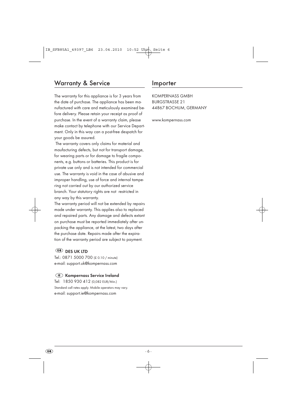 Warranty & service, Importer | Kompernass SFB 85 A1 User Manual | Page 8 / 8