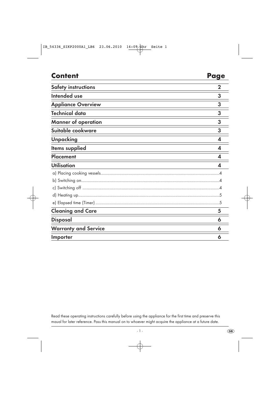 Content page | Kompernass SILVERCREST SIKP 2000 A1 User Manual | Page 3 / 8