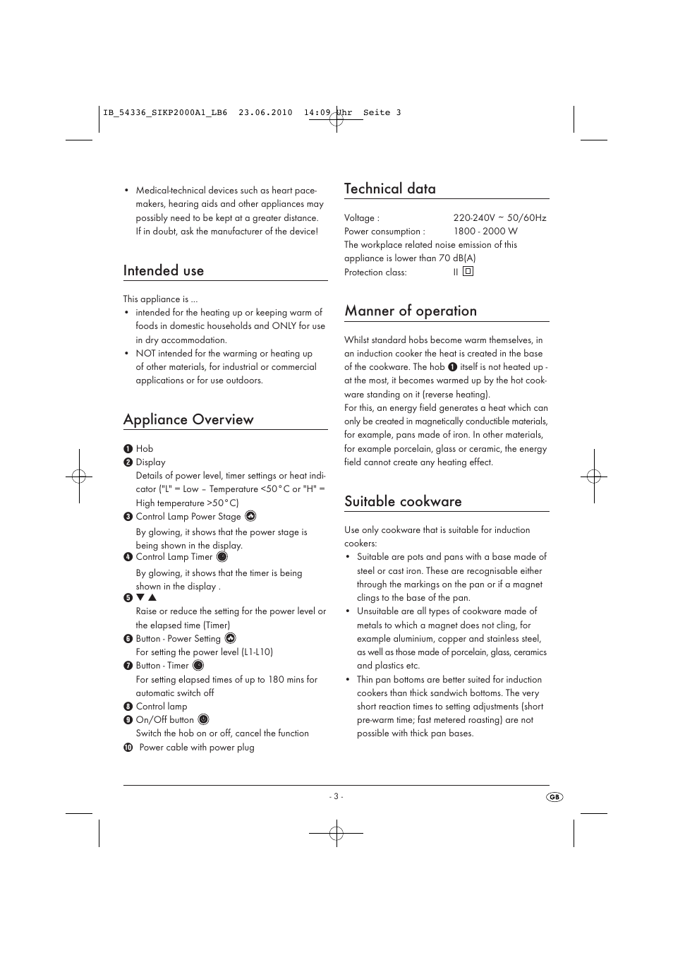 Intended use, Appliance overview, Technical data | Manner of operation, Suitable cookware | Kompernass SILVERCREST SIKP 2000 A1 User Manual | Page 5 / 8