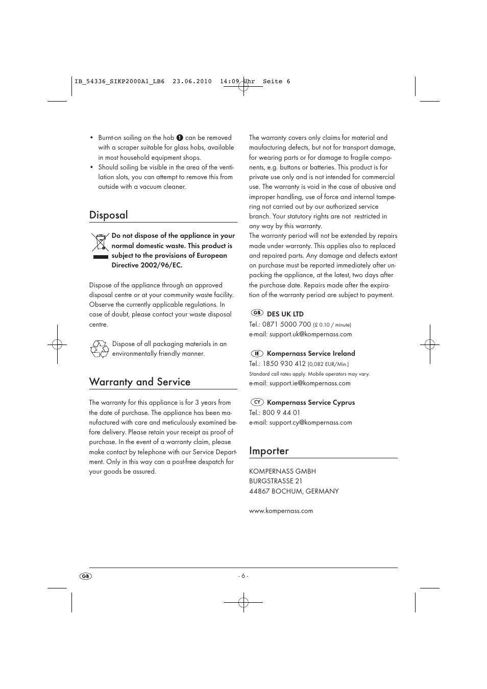Disposal, Warranty and service, Importer | Kompernass SILVERCREST SIKP 2000 A1 User Manual | Page 8 / 8