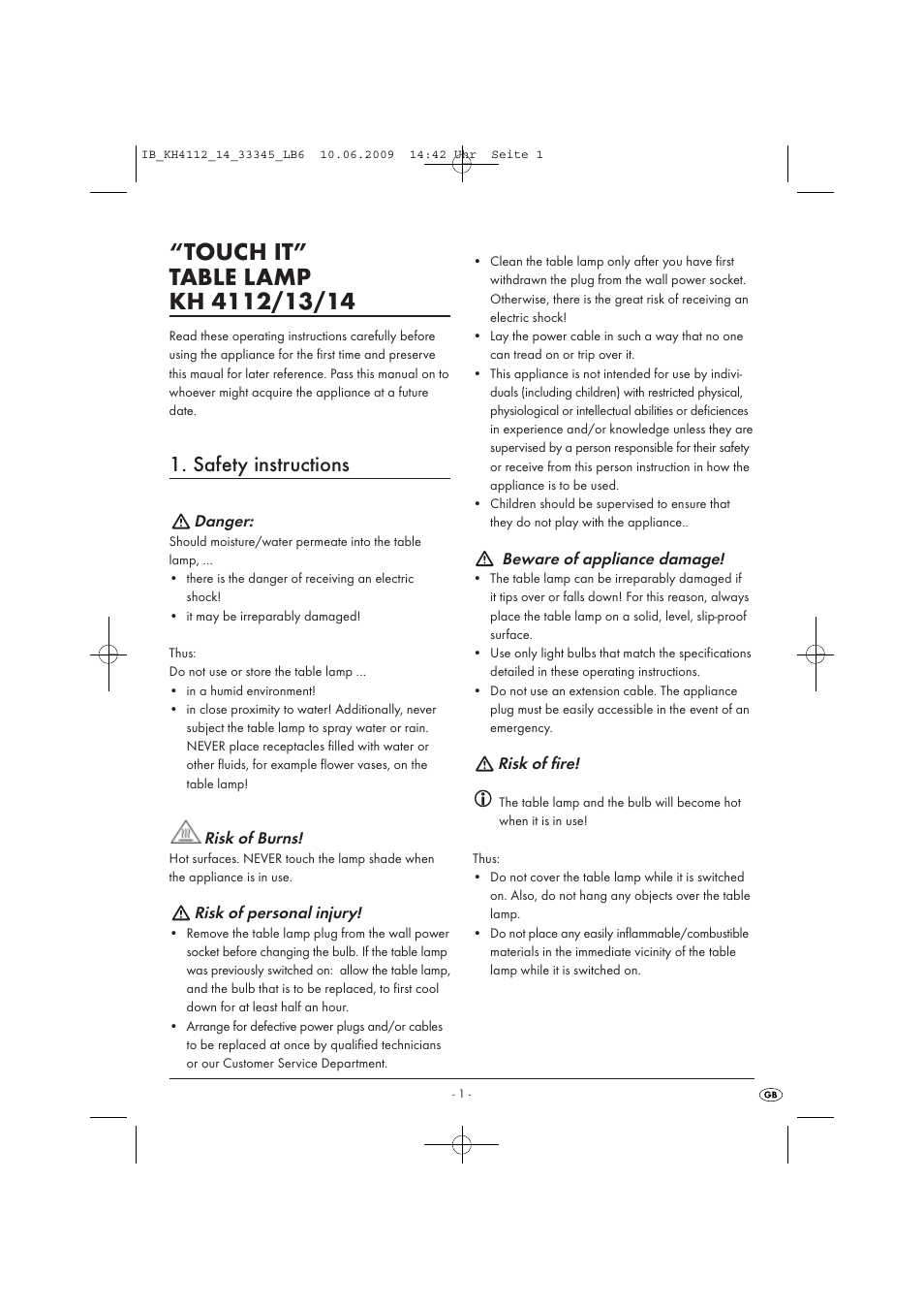 Safety instructions | Kompernass TOUCH IT KH 4113 User Manual | Page 3 / 6