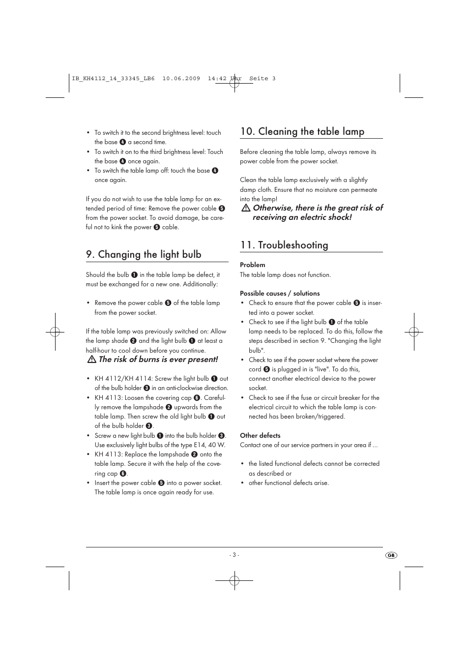 Changing the light bulb, Cleaning the table lamp, Troubleshooting | Kompernass TOUCH IT KH 4113 User Manual | Page 5 / 6