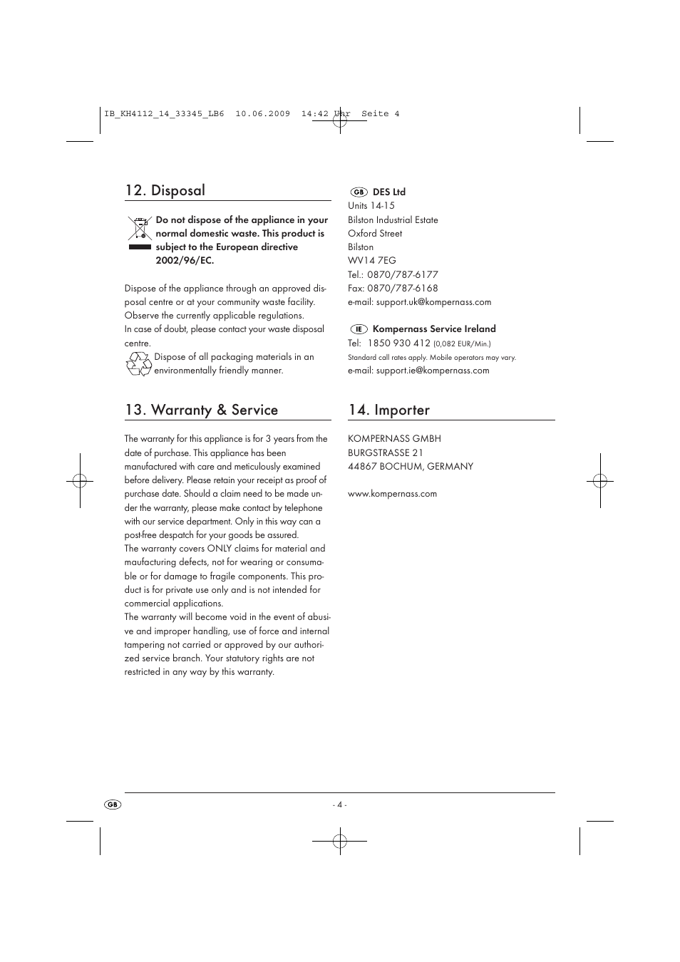 Disposal, Warranty & service, Importer | Kompernass TOUCH IT KH 4113 User Manual | Page 6 / 6