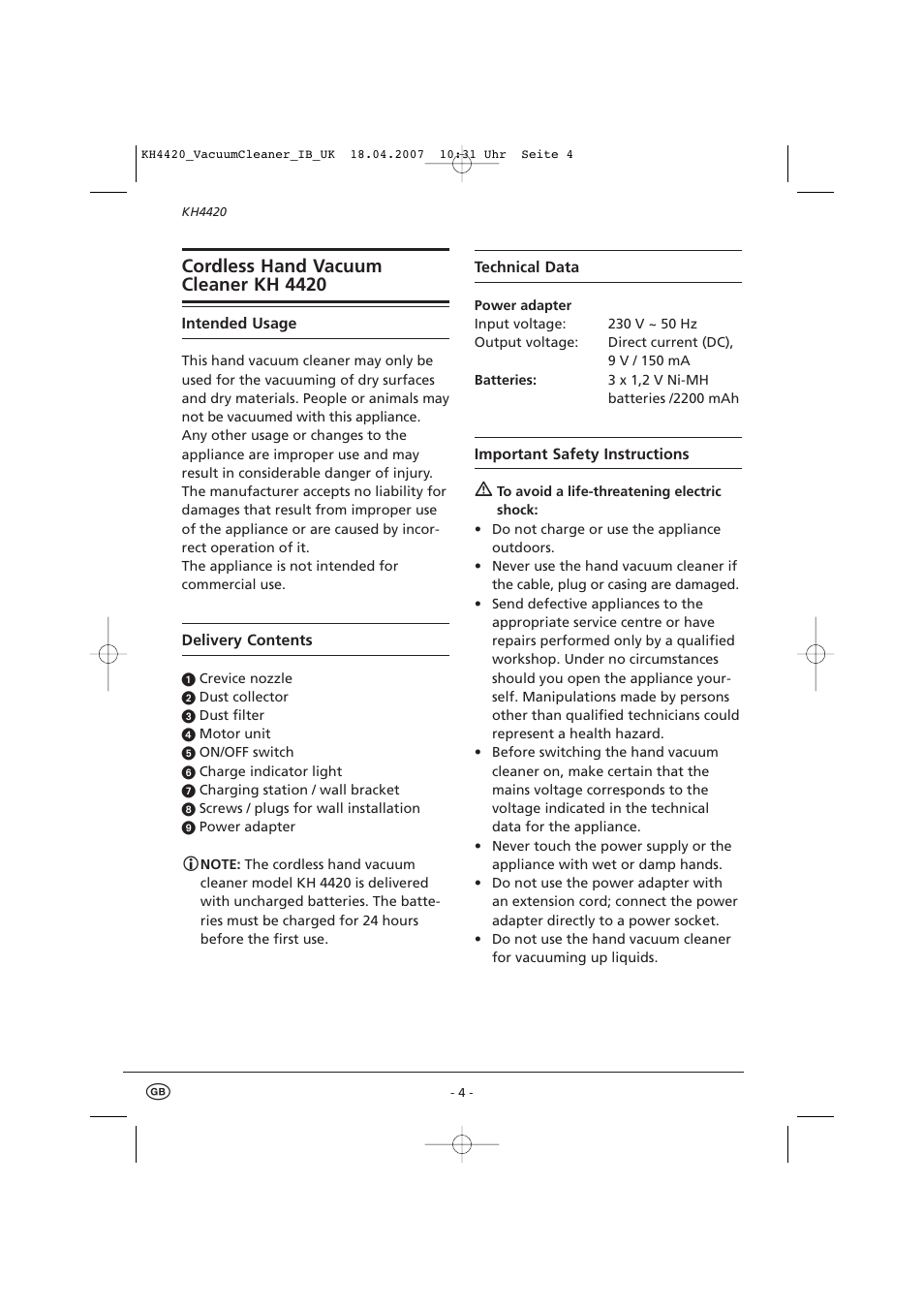 Cordless hand vacuum cleaner kh 4420 | Kompernass KH 4420 User Manual | Page 6 / 10