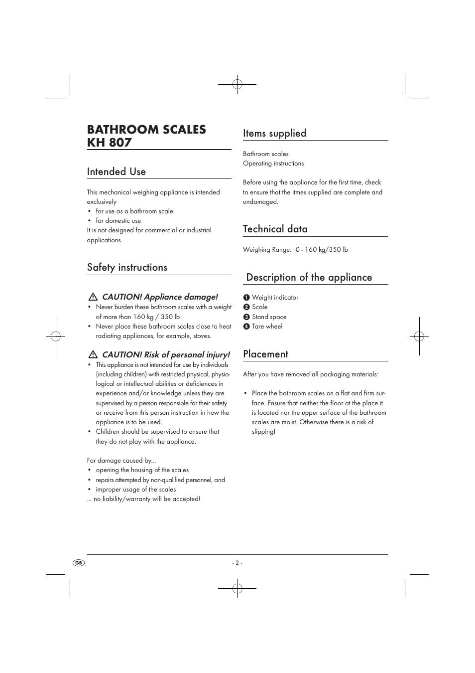 Bathroom scales kh 807, Intended use, Safety instructions | Items supplied, Technical data, Description of the appliance, Placement | Kompernass KH 807 User Manual | Page 4 / 9
