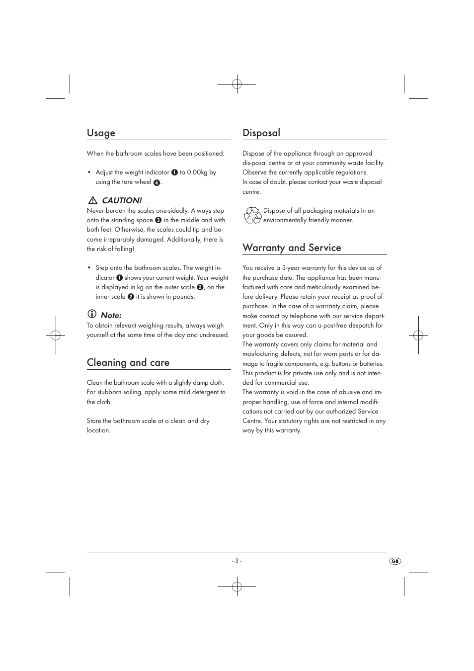 Usage, Cleaning and care, Disposal | Warranty and service | Kompernass KH 807 User Manual | Page 5 / 9