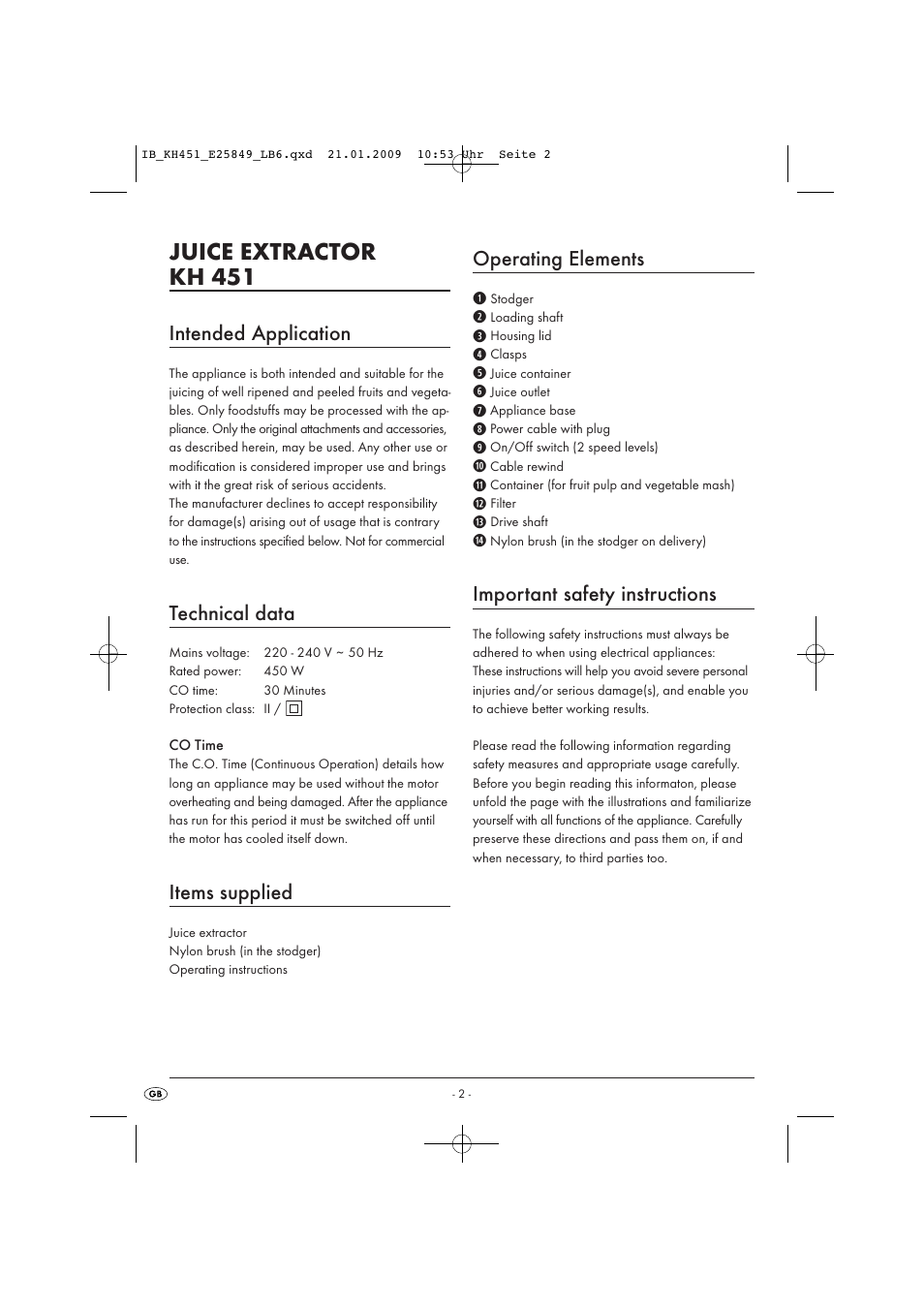 Juice extractor kh 451, Intended application, Technical data | Items supplied, Operating elements, Important safety instructions | Kompernass KH 451 User Manual | Page 4 / 11