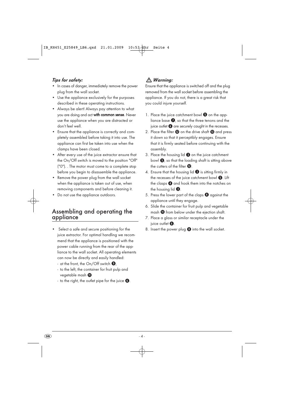 Assembling and operating the appliance | Kompernass KH 451 User Manual | Page 6 / 11