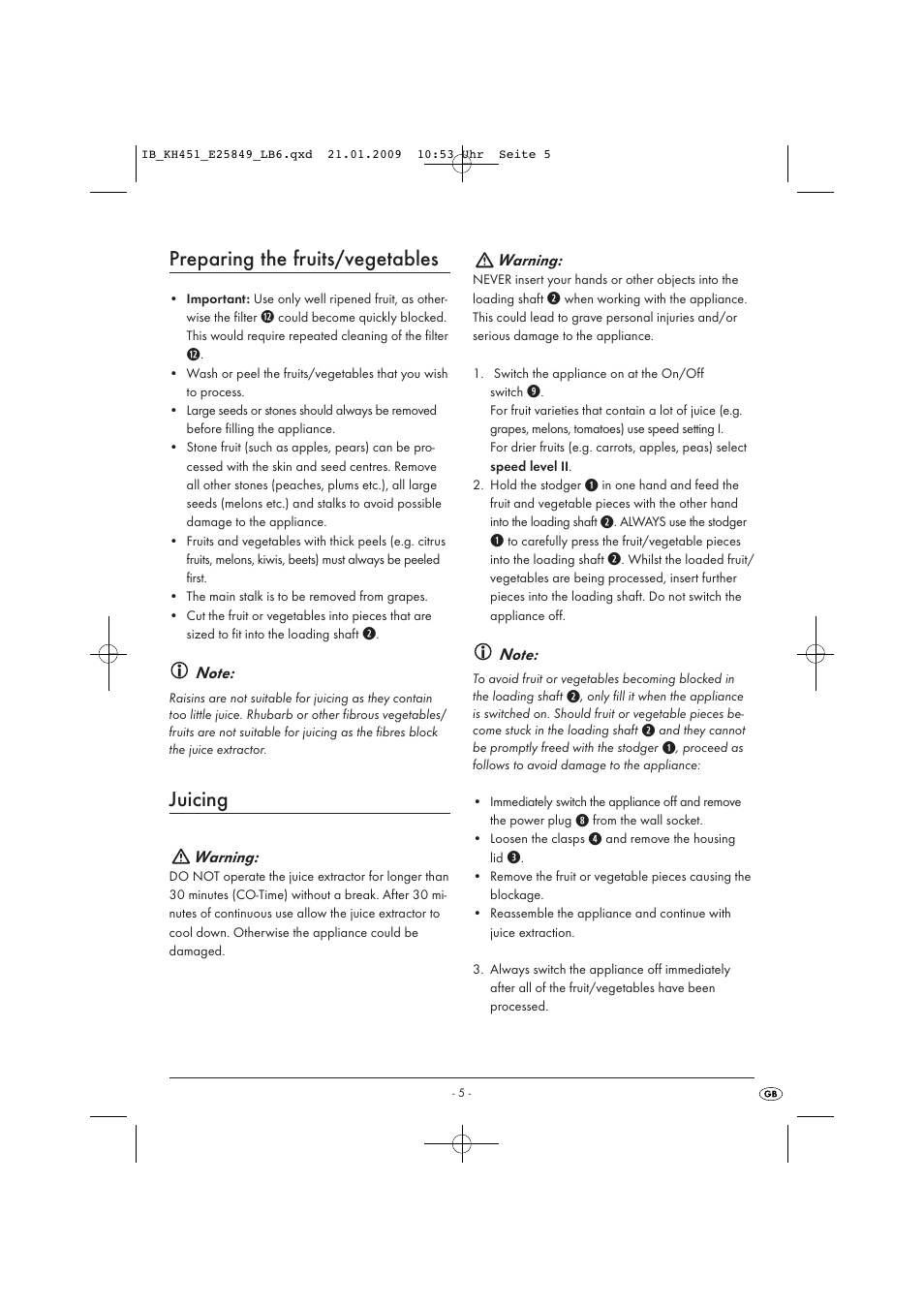 Preparing the fruits/vegetables, Juicing | Kompernass KH 451 User Manual | Page 7 / 11