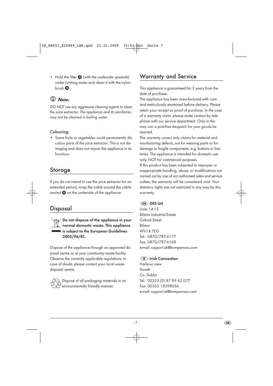 Storage, Disposal, Warranty and service | Kompernass KH 451 User Manual | Page 9 / 11