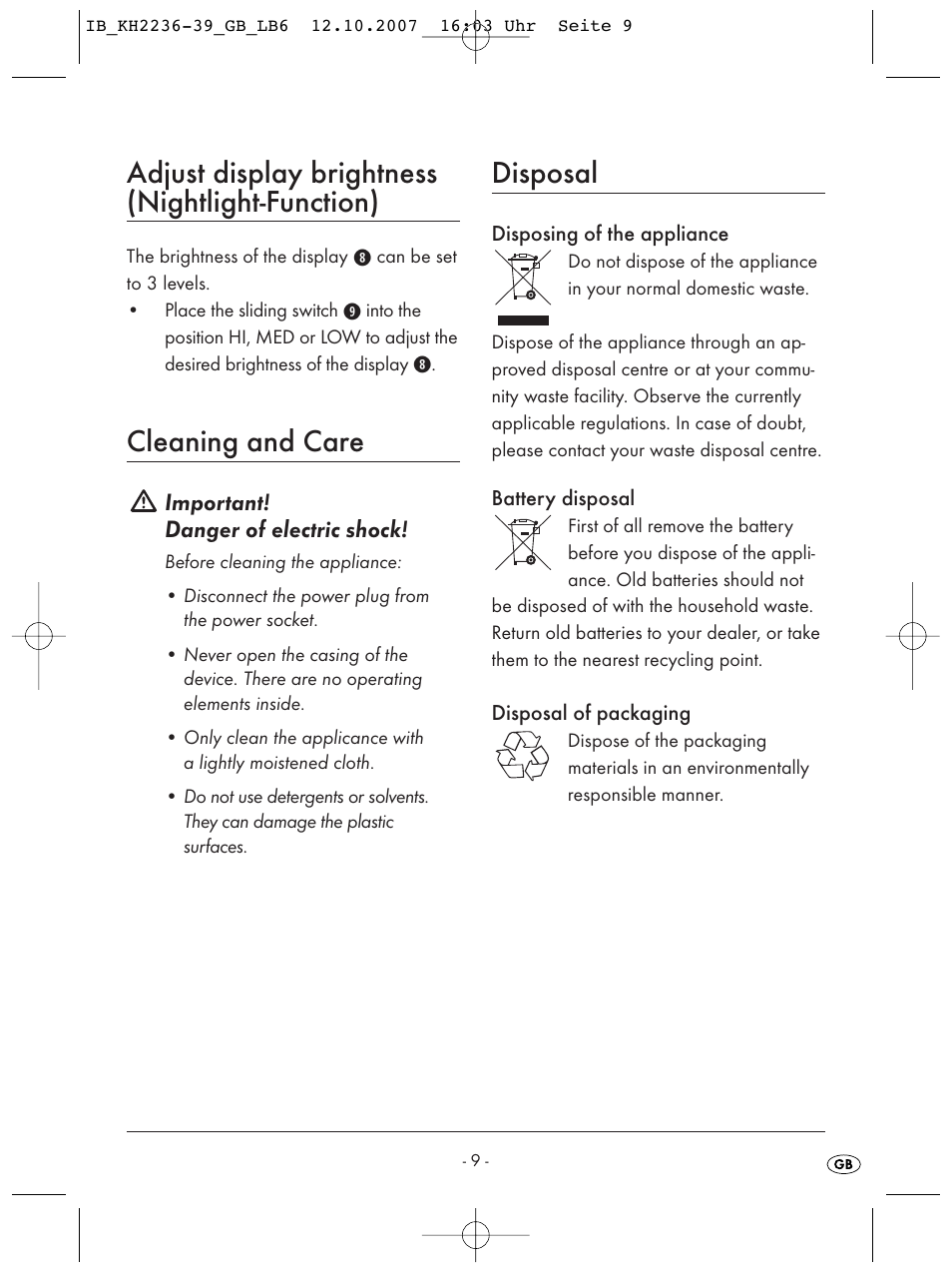 Adjust display brightness (nightlight-function), Cleaning and care, Disposal | Kompernass KH 2236 User Manual | Page 11 / 12