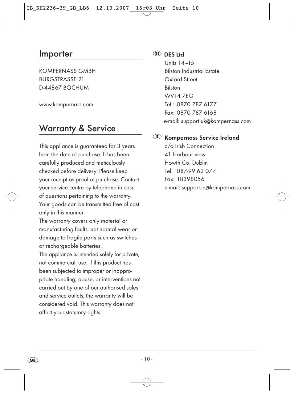Importer, Warranty & service | Kompernass KH 2236 User Manual | Page 12 / 12