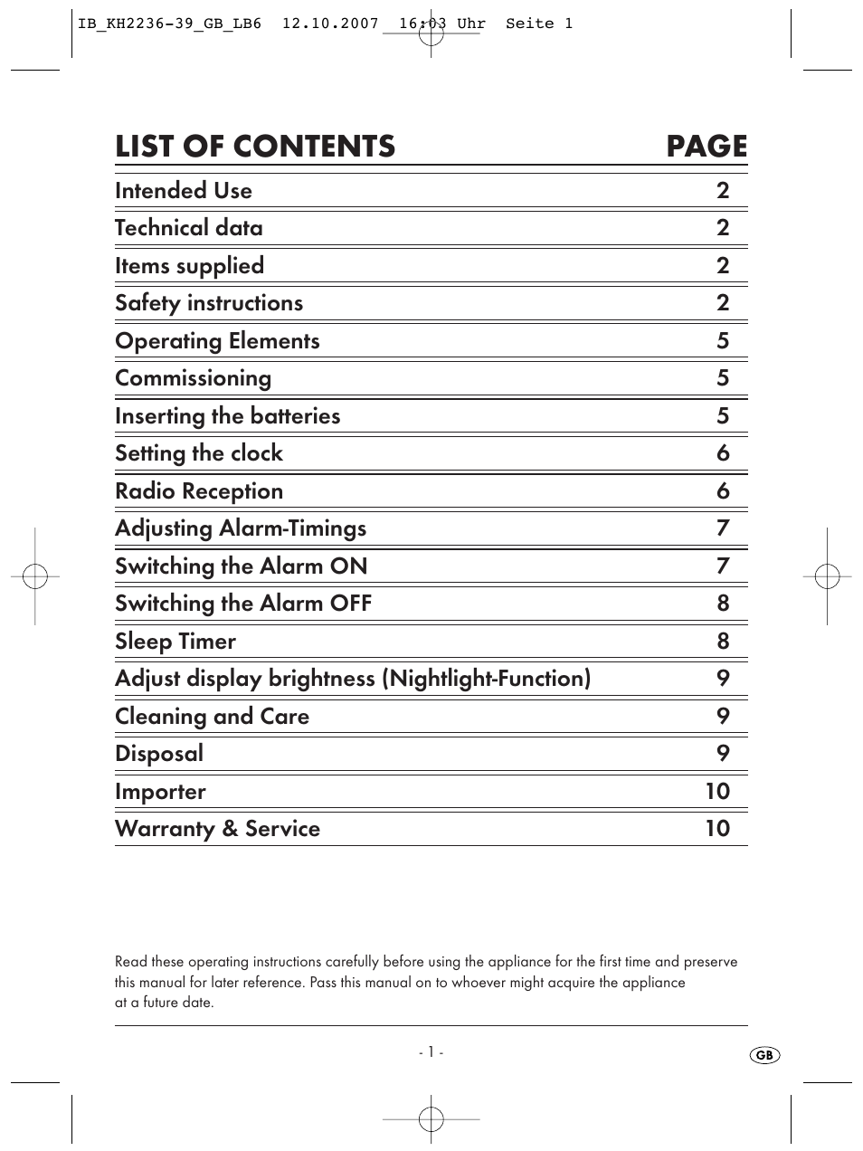 List of contents page | Kompernass KH 2236 User Manual | Page 3 / 12