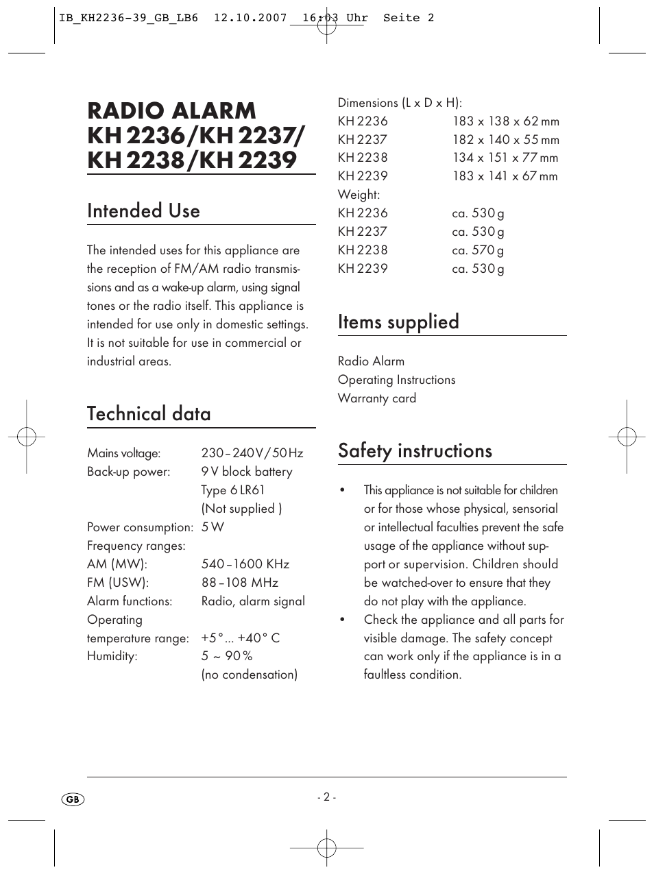 Intended use, Technical data, Items supplied | Safety instructions | Kompernass KH 2236 User Manual | Page 4 / 12
