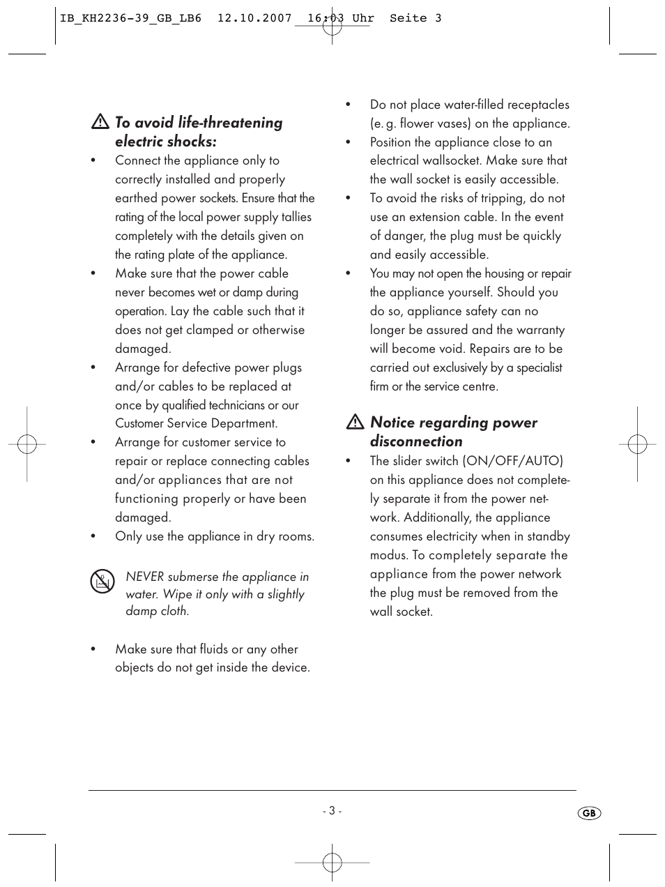 Notice regarding power disconnection | Kompernass KH 2236 User Manual | Page 5 / 12