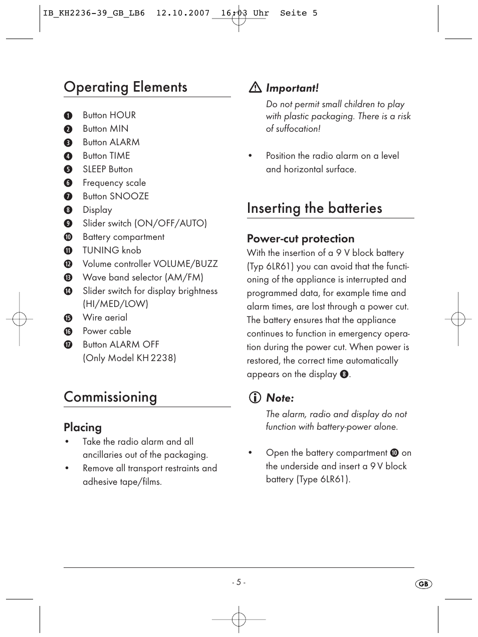 Operating elements, Commissioning, Inserting the batteries | Kompernass KH 2236 User Manual | Page 7 / 12