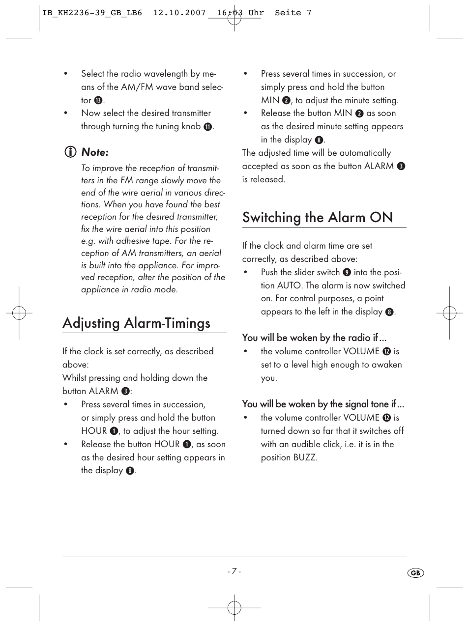 Adjusting alarm-timings, Switching the alarm on | Kompernass KH 2236 User Manual | Page 9 / 12
