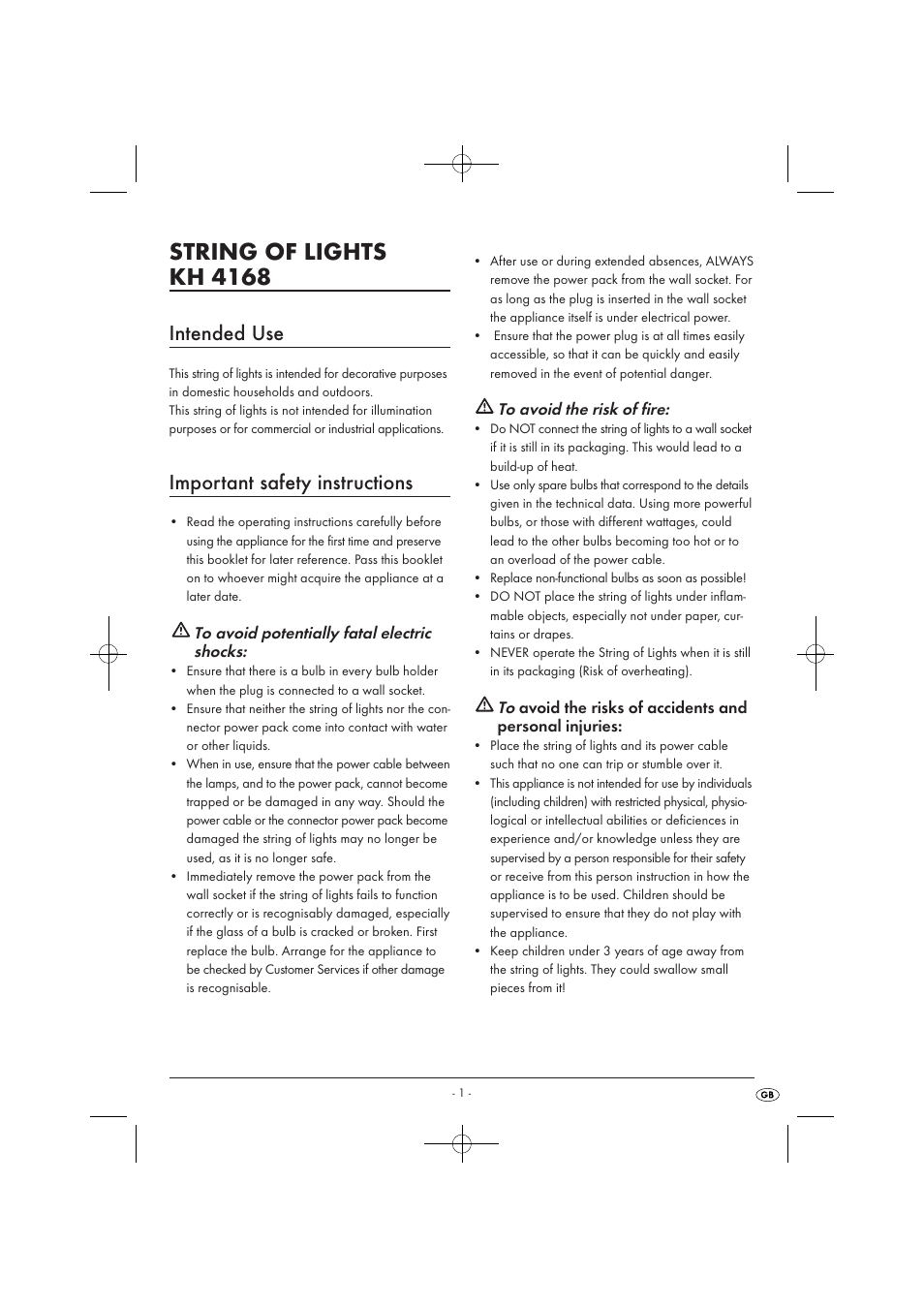 String of lights kh 4168, Intended use, Important safety instructions | Kompernass KH 4168 User Manual | Page 3 / 6