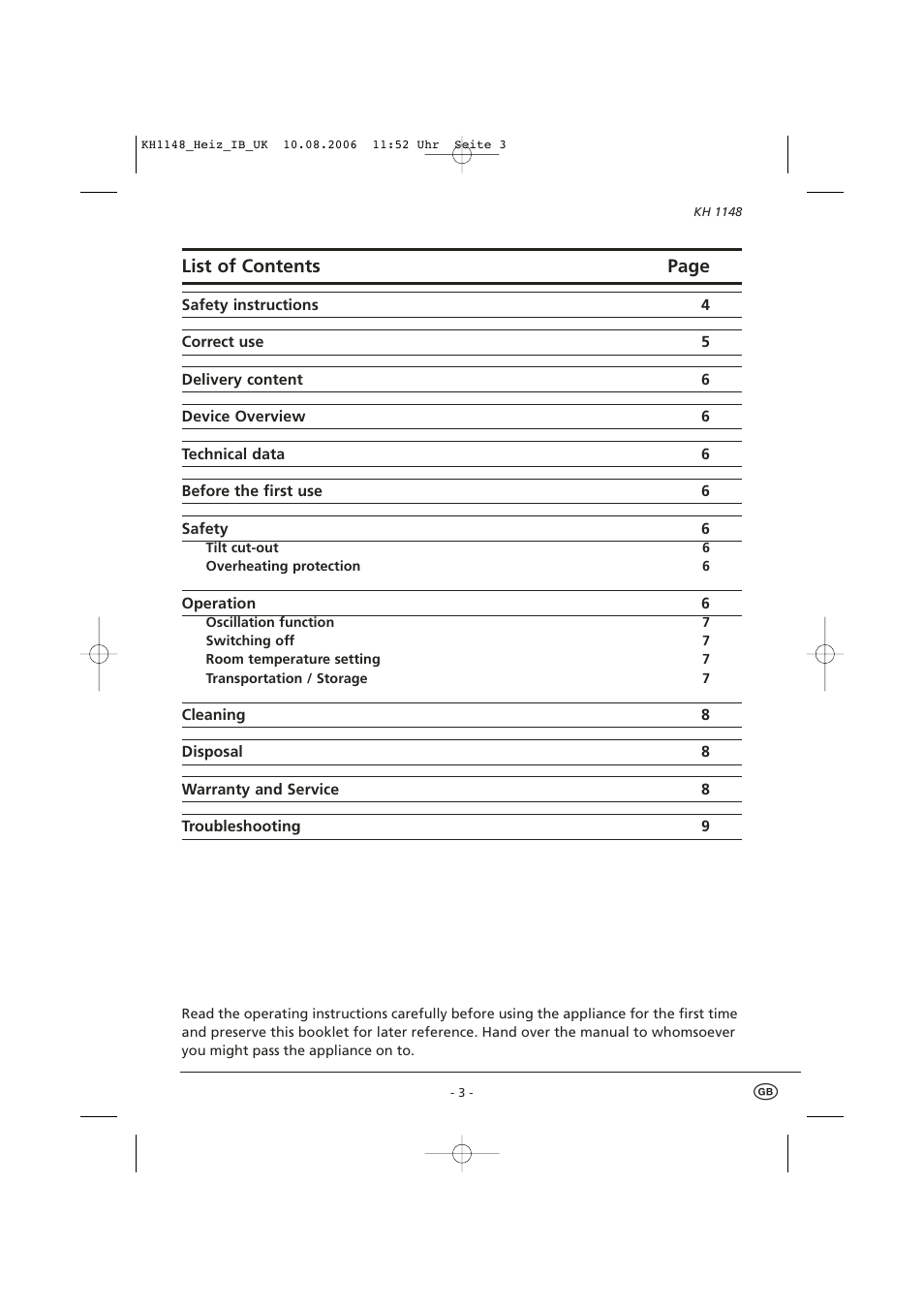 List of contents page | Kompernass KH 1148 User Manual | Page 5 / 12