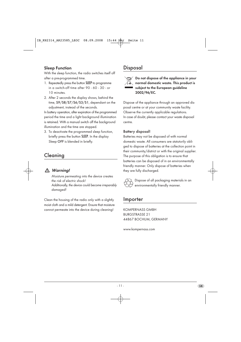 Cleaning, Disposal, Importer | Kompernass KH 2314 User Manual | Page 13 / 29