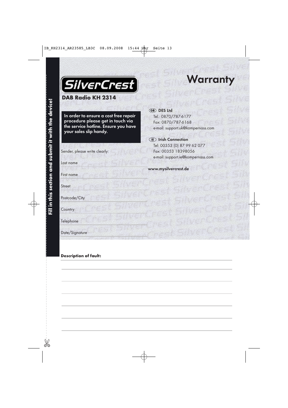 Warranty | Kompernass KH 2314 User Manual | Page 15 / 29