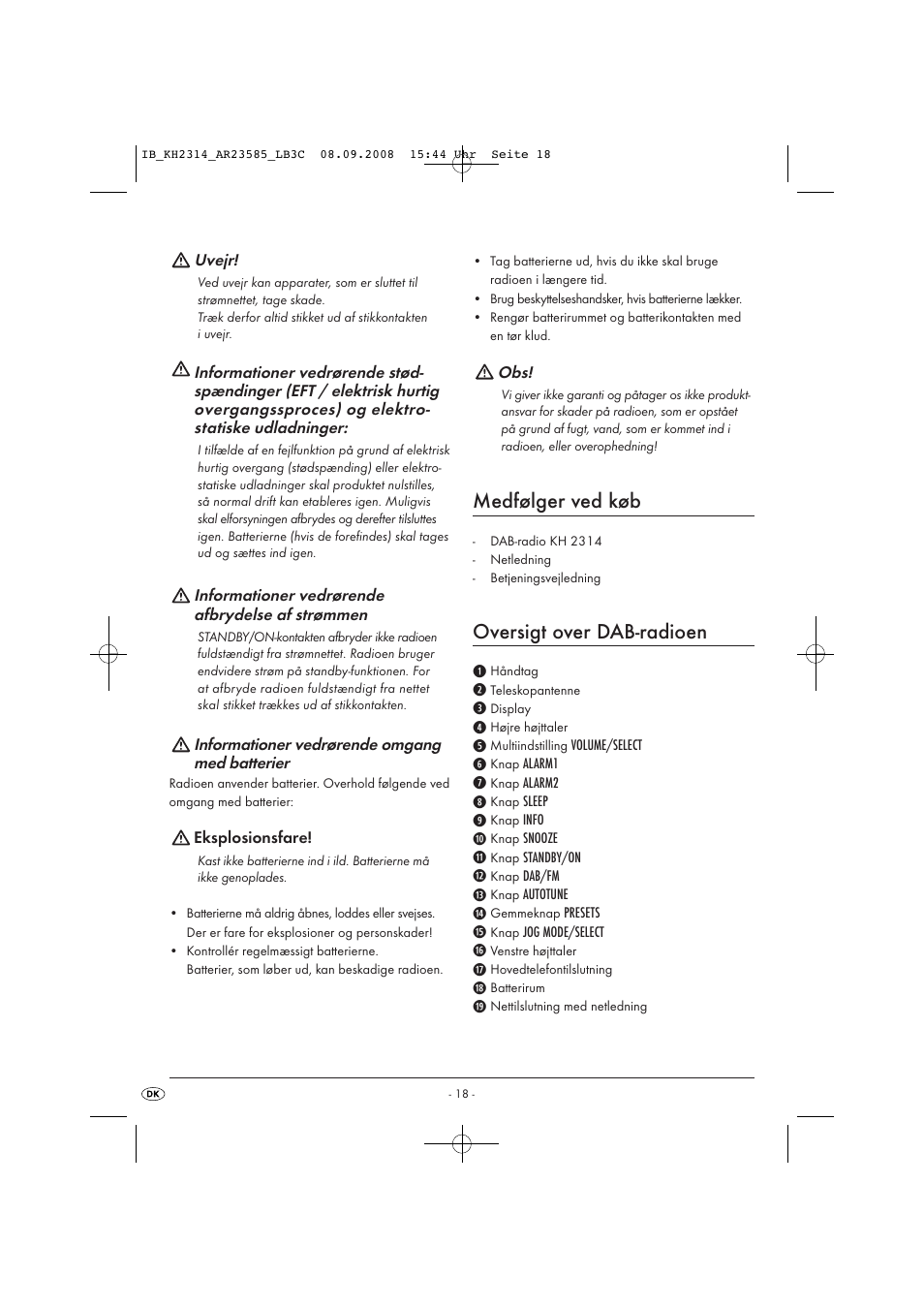 Medfølger ved køb, Oversigt over dab-radioen | Kompernass KH 2314 User Manual | Page 20 / 29