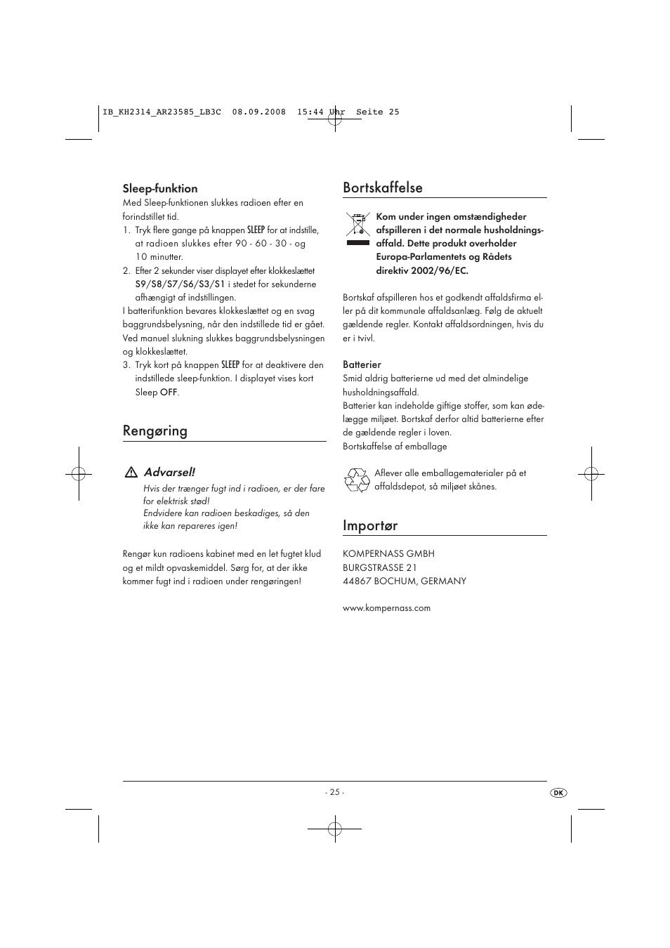 Rengøring, Bortskaffelse, Importør | Kompernass KH 2314 User Manual | Page 27 / 29