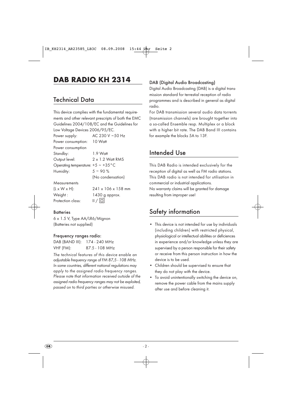 Dab radio kh 2314, Technical data, Intended use | Safety information | Kompernass KH 2314 User Manual | Page 4 / 29
