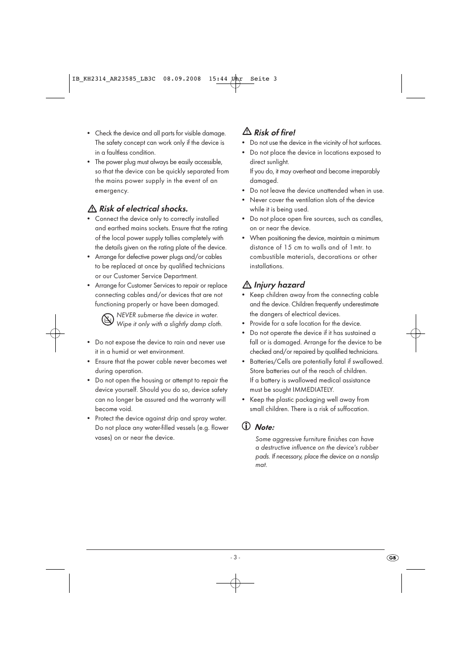 Risk of electrical shocks, Risk of fire, Injury hazard | Kompernass KH 2314 User Manual | Page 5 / 29