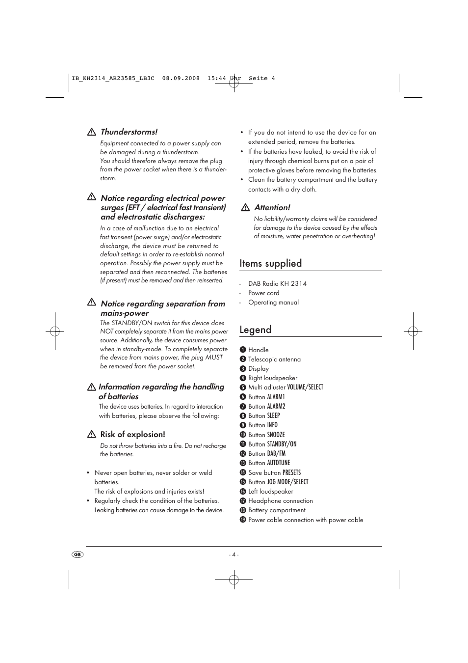Items supplied, Legend | Kompernass KH 2314 User Manual | Page 6 / 29