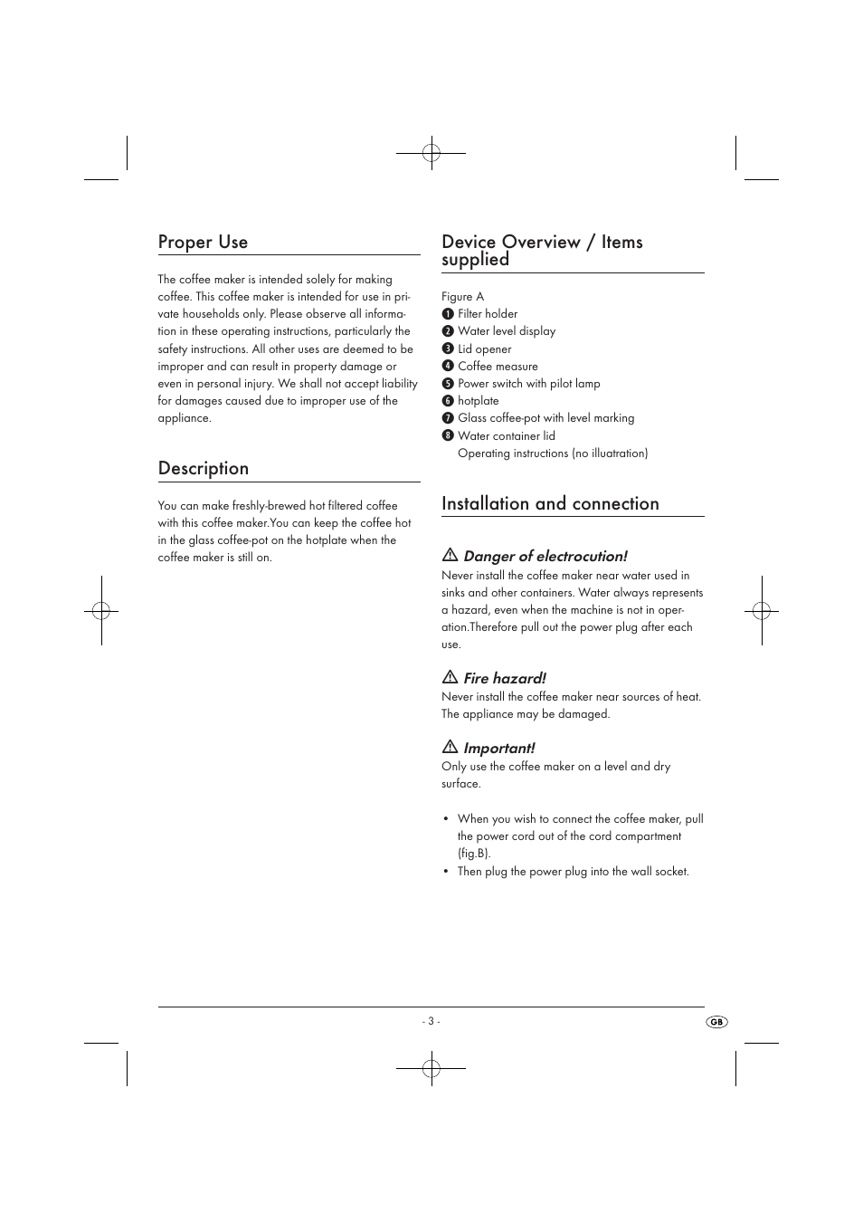 Proper use, Description, Device overview / items supplied | Installation and connection | Kompernass KH 1112 User Manual | Page 5 / 9