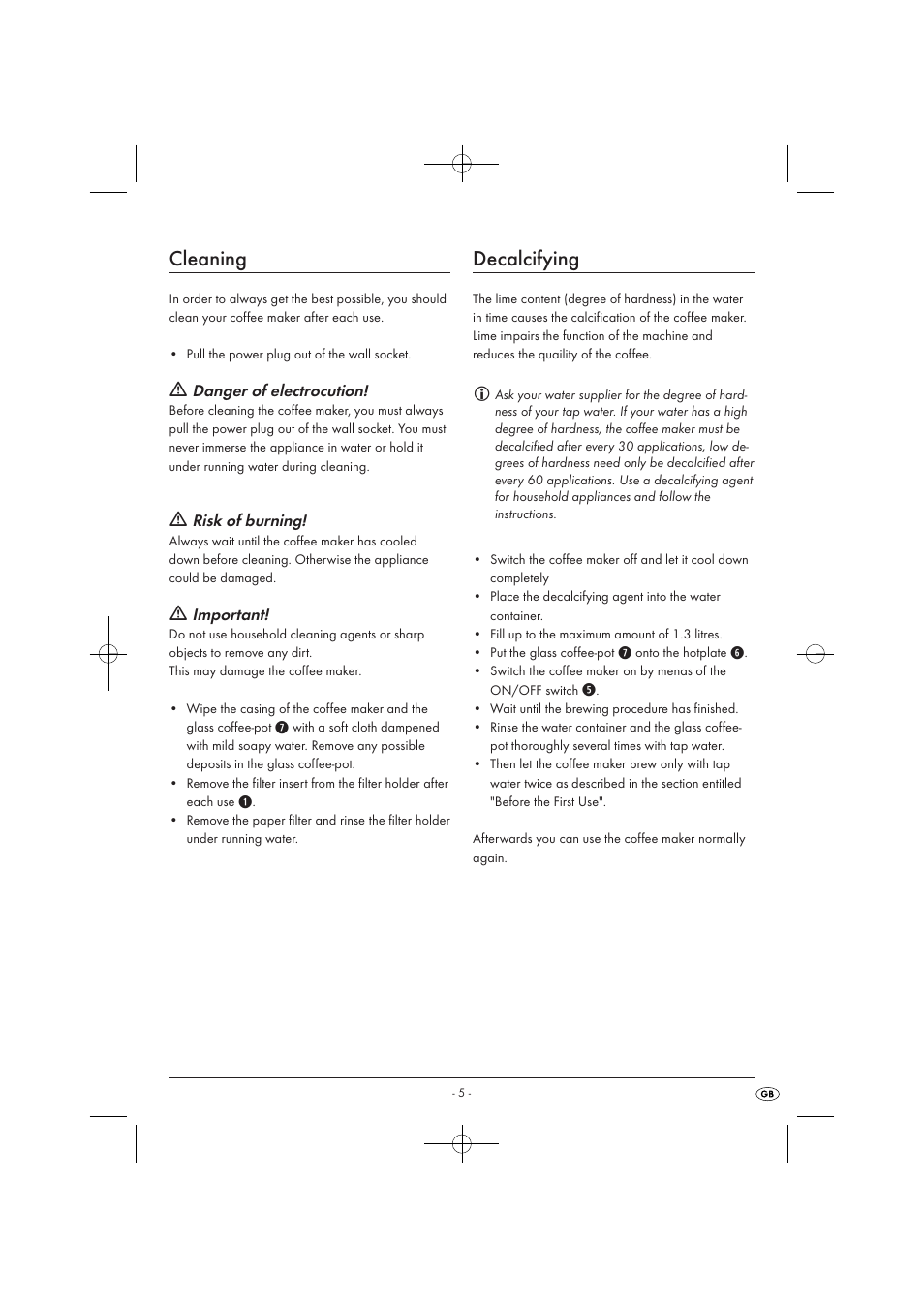 Cleaning, Decalcifying | Kompernass KH 1112 User Manual | Page 7 / 9