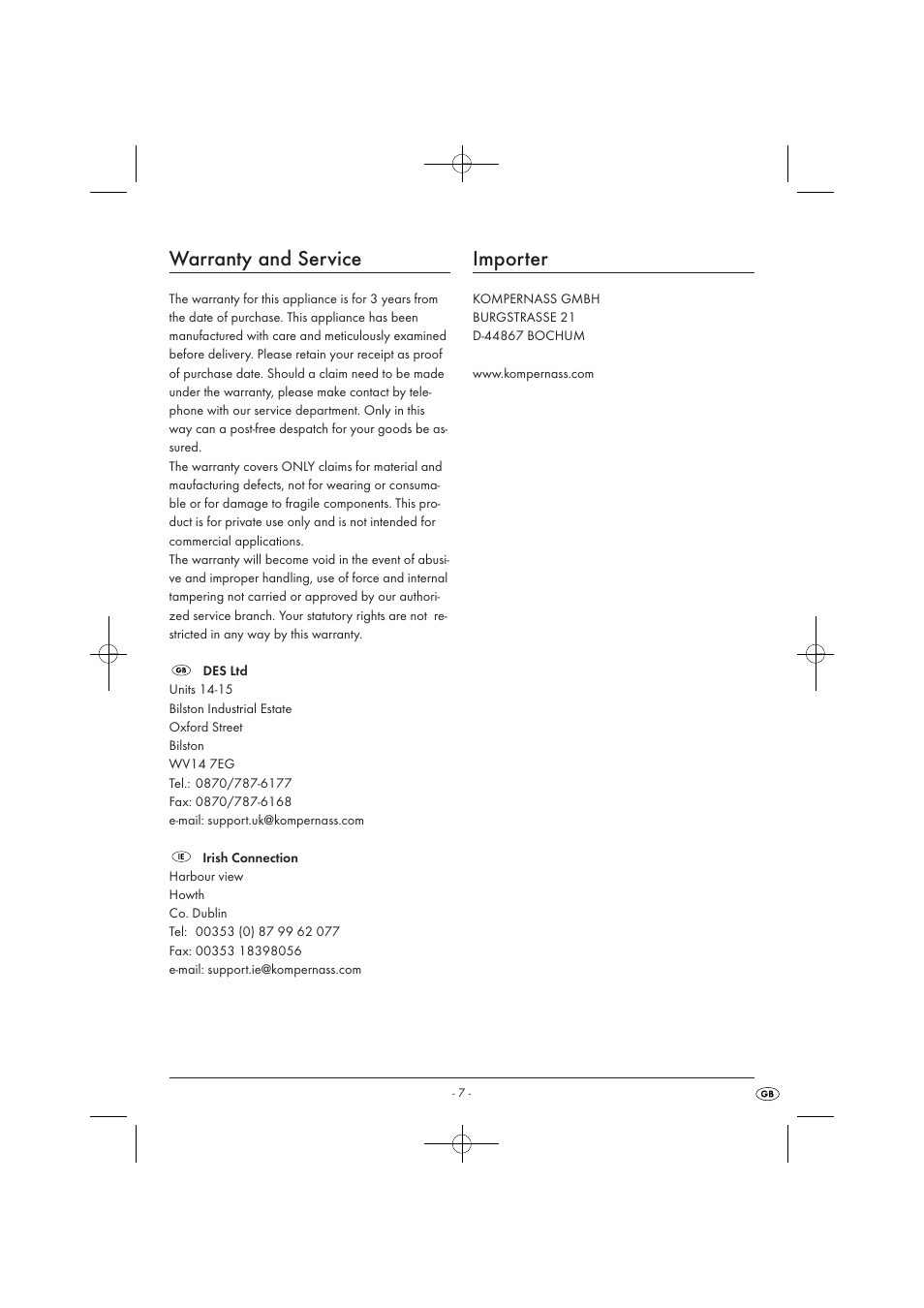 Warranty and service, Importer | Kompernass KH 1112 User Manual | Page 9 / 9