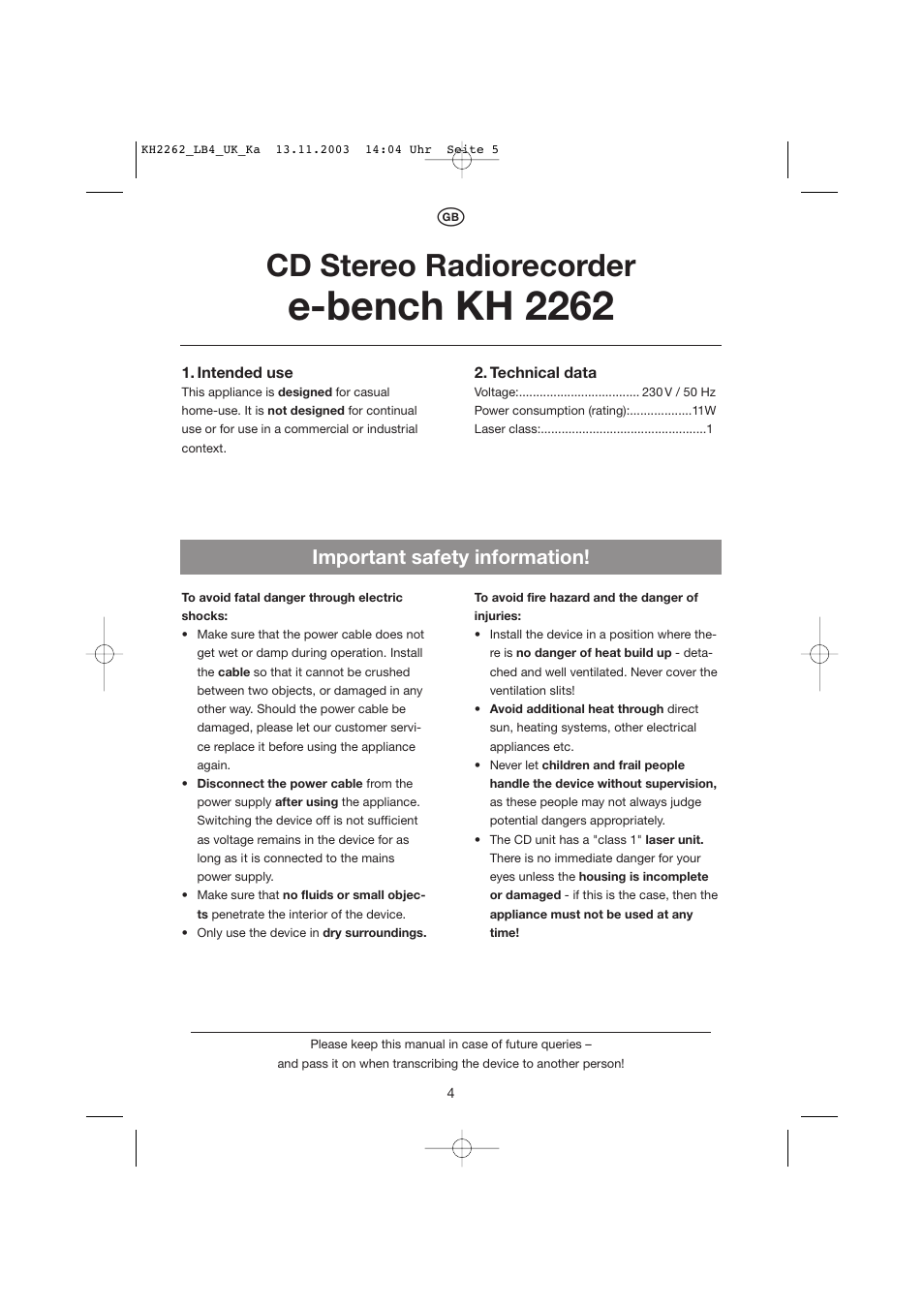 E-bench kh 2262, Cd stereo radiorecorder, Important safety information | Kompernass KH 2262 User Manual | Page 4 / 12