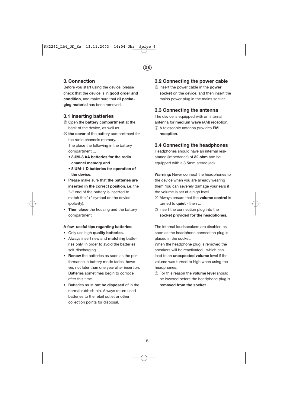 Connection, 1 inserting batteries, 2 connecting the power cable | 3 connecting the antenna, 4 connecting the headphones | Kompernass KH 2262 User Manual | Page 5 / 12
