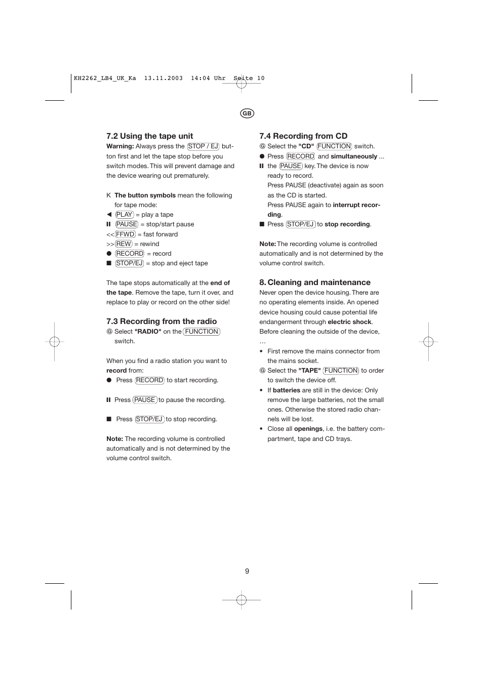 2 using the tape unit, 3 recording from the radio, 4 recording from cd | Cleaning and maintenance | Kompernass KH 2262 User Manual | Page 9 / 12